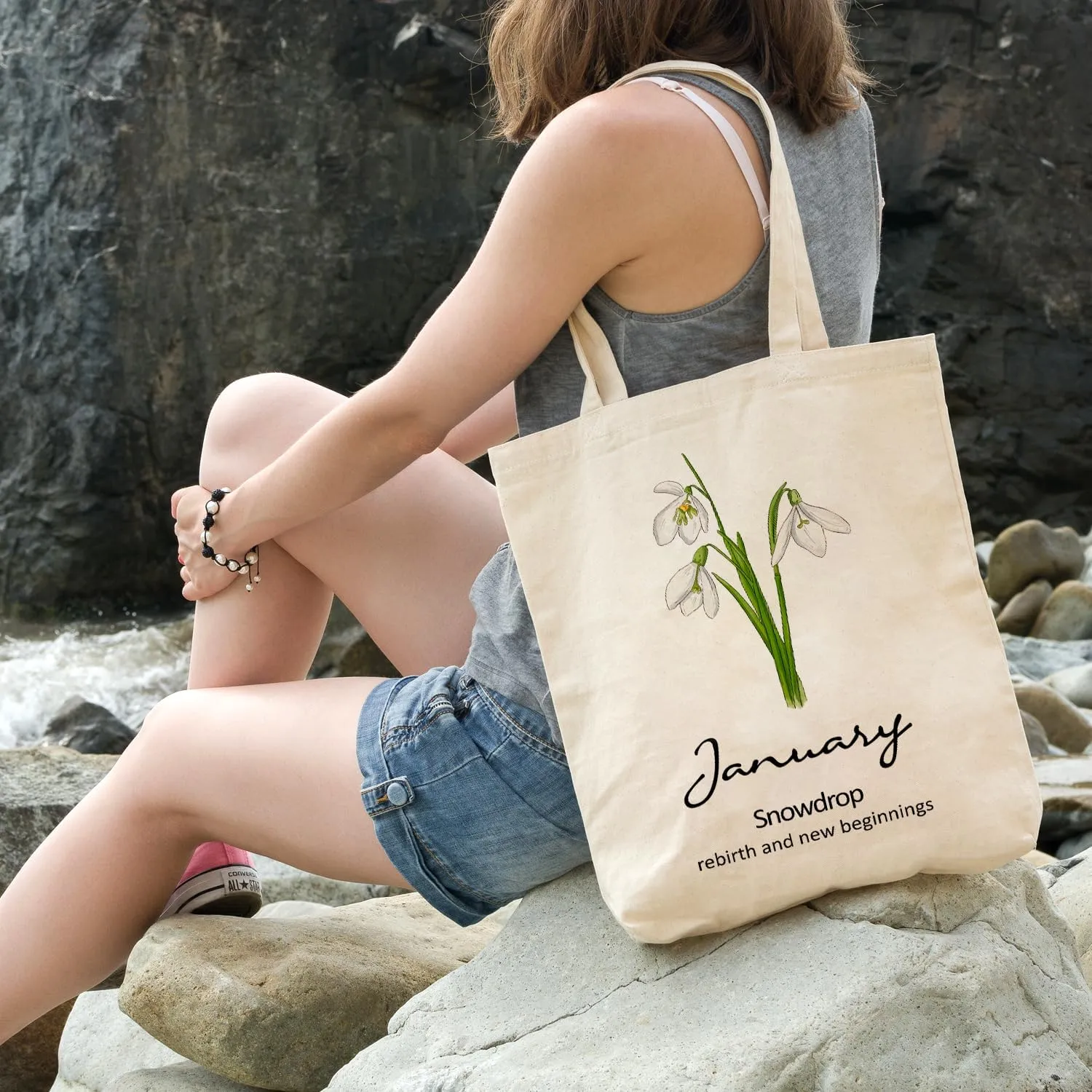 OUZ Birthday Flower Canvas Tote Bag, Birth Month Flower Personalized Gift for Her Mom Friend Birthday Graduation Christmas
