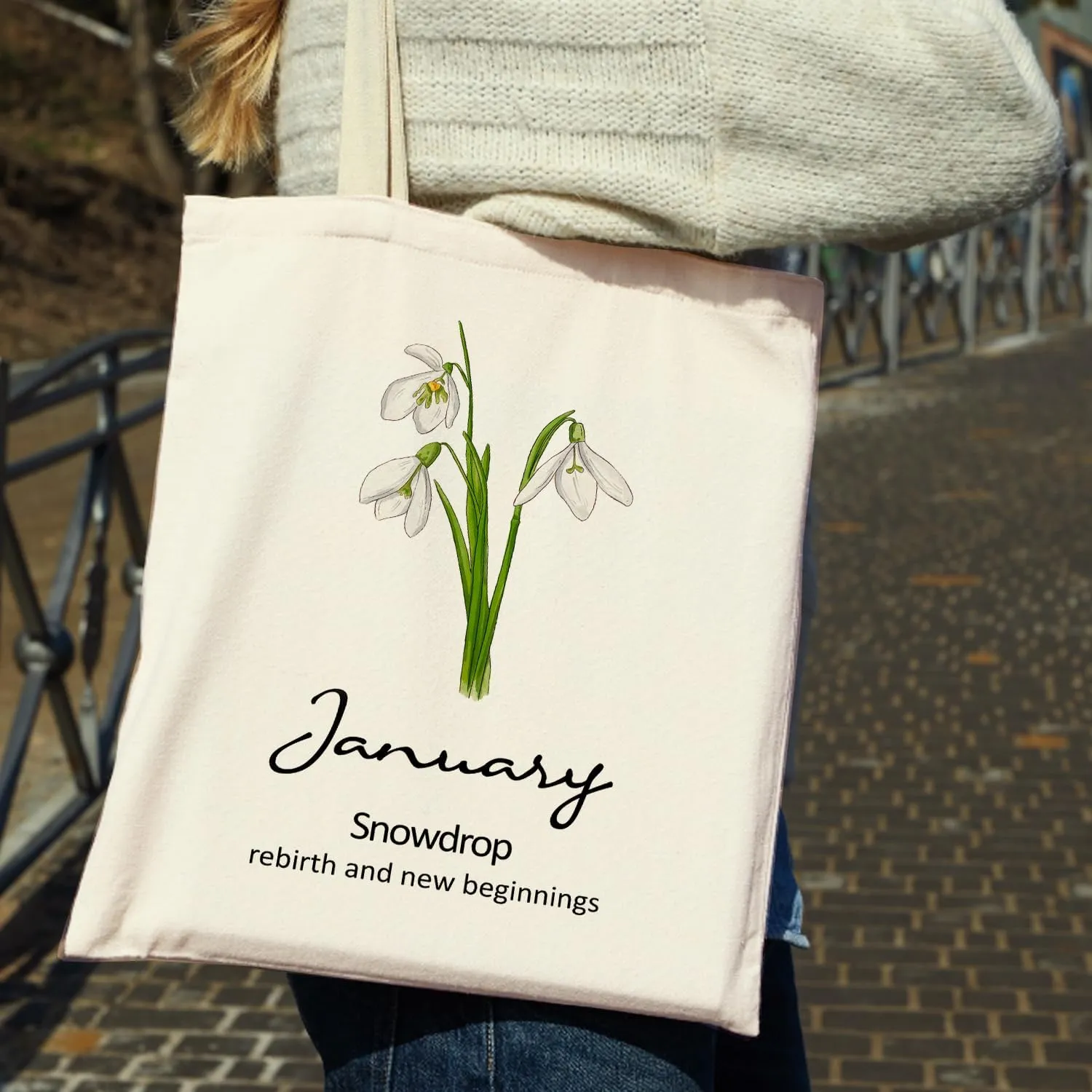 OUZ Birthday Flower Canvas Tote Bag, Birth Month Flower Personalized Gift for Her Mom Friend Birthday Graduation Christmas