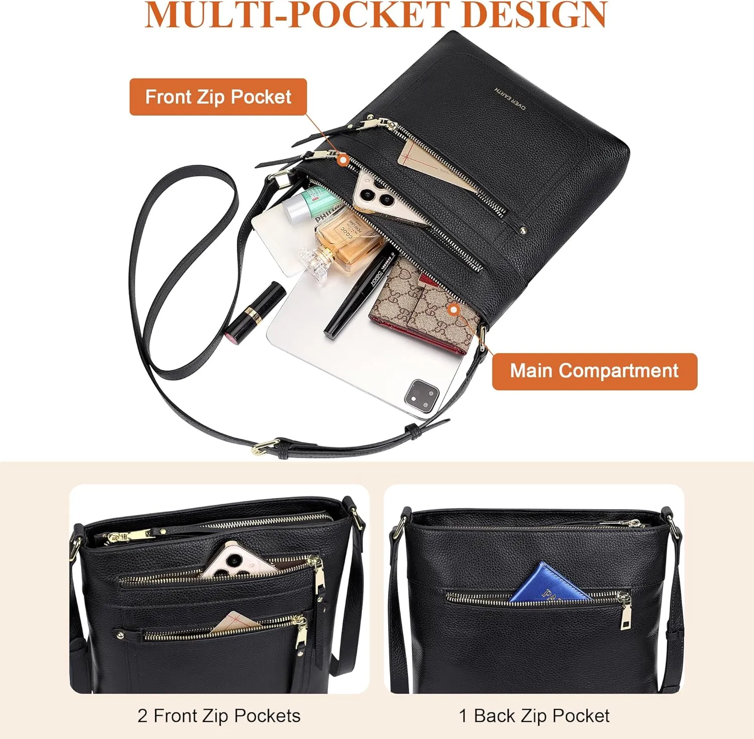 Over Earth Crossbody Bags for Women Leather Purses for Ladies with Multiple Pockets