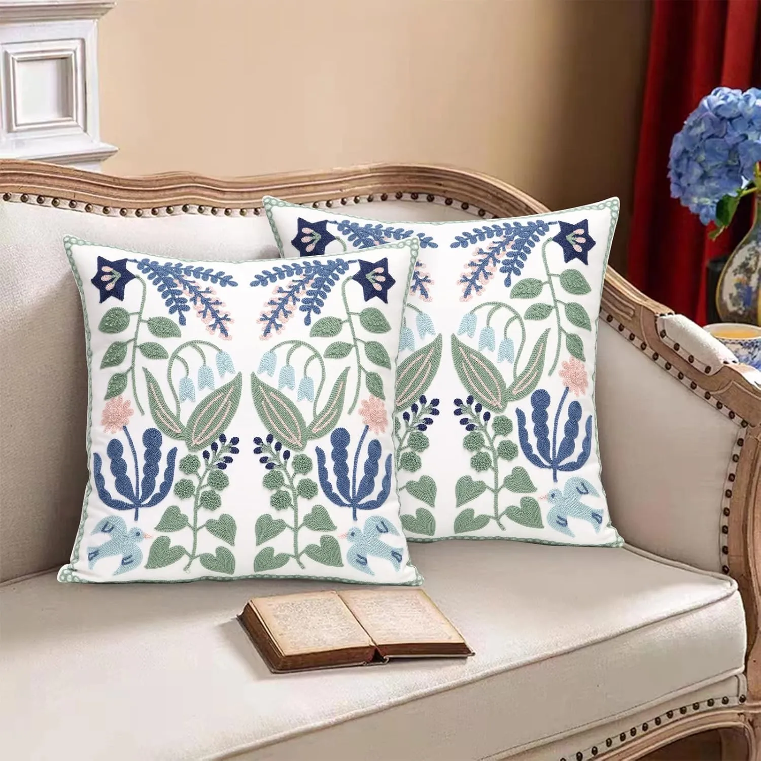 Pack of 2 Embroidered Decorative Throw Pillow Cover 18x18 Inch Farmhouse Floral Pillowcase for Living Room Sofa Bed (Bird Flower)
