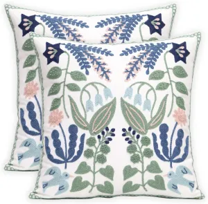 Pack of 2 Embroidered Decorative Throw Pillow Cover 18x18 Inch Farmhouse Floral Pillowcase for Living Room Sofa Bed (Bird Flower)