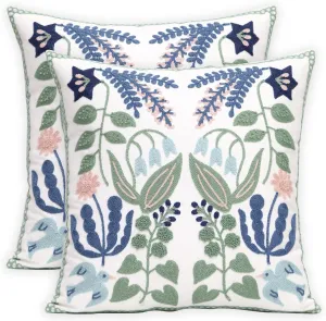 Pack of 2 Embroidered Decorative Throw Pillow Cover 18x18 Inch Farmhouse Floral Pillowcase for Living Room Sofa Bed (Bird Flower)