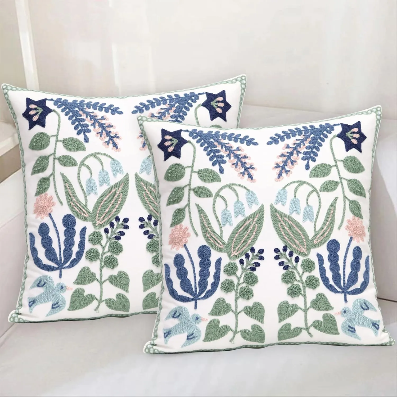 Pack of 2 Embroidered Decorative Throw Pillow Cover 18x18 Inch Farmhouse Floral Pillowcase for Living Room Sofa Bed (Bird Flower)