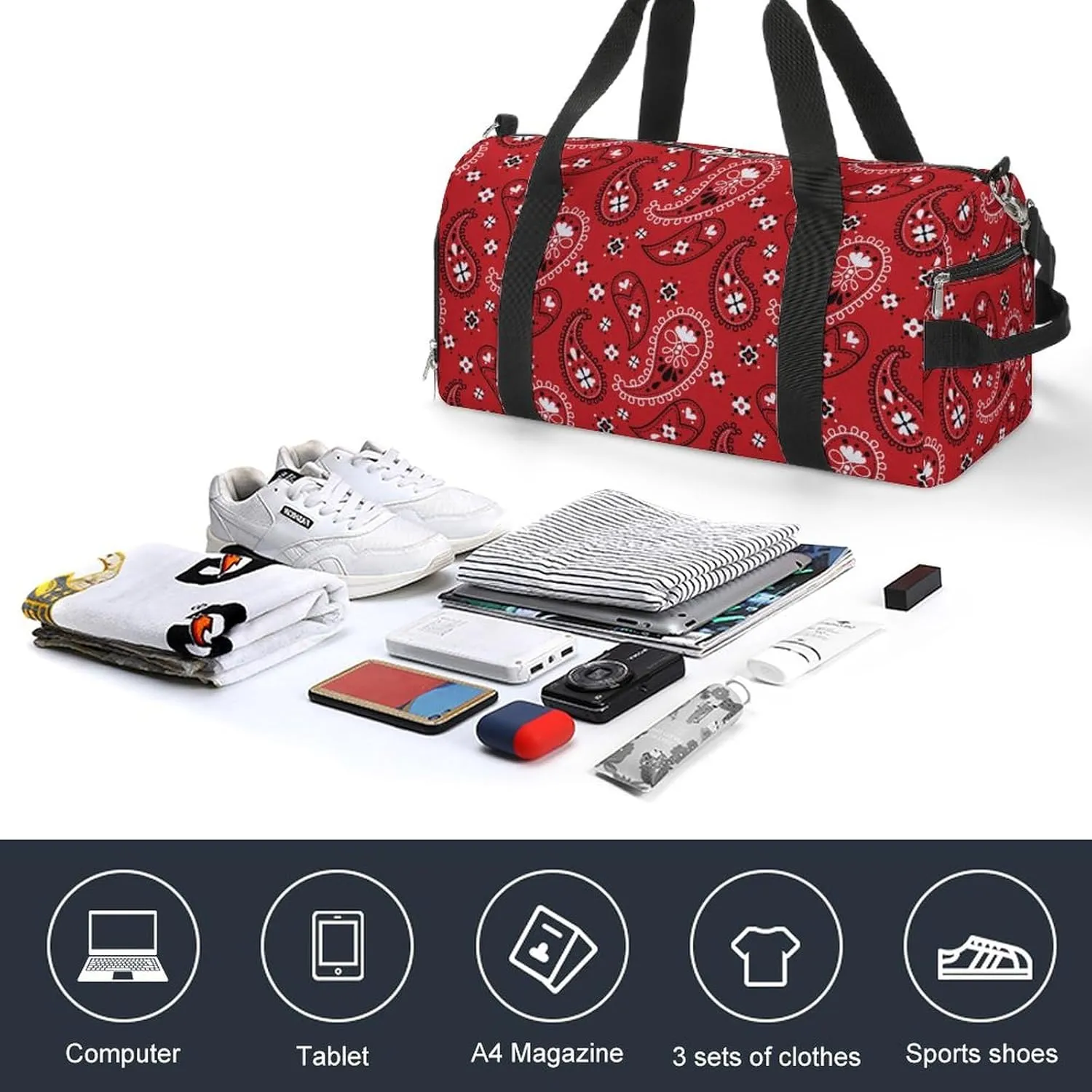 Paisleys-bandana Pattern Sports Tote Gym Bag for Women Men, Overnight Bag with Shoe Compartment Water Resistant