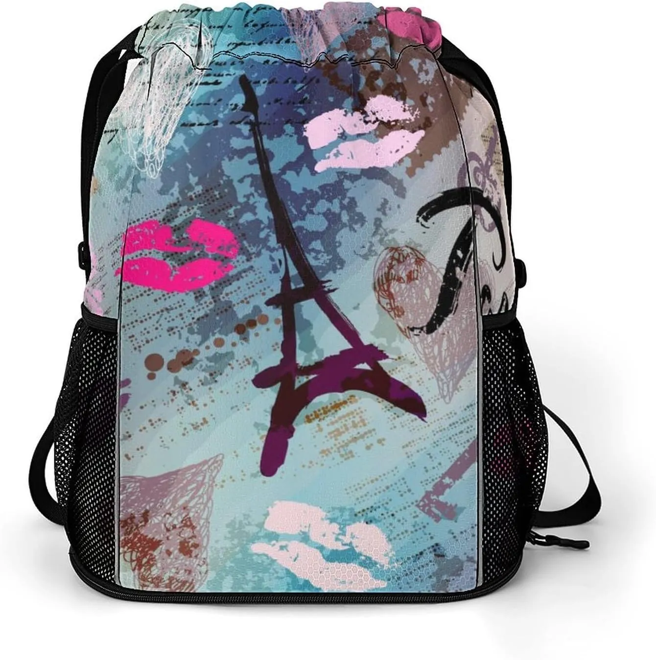 Paris Eiffel Tower Lips Drawstring Backpack Retro Scrapbook Wear-resistant Sports Belt Pocket Gym Bags for Women Men