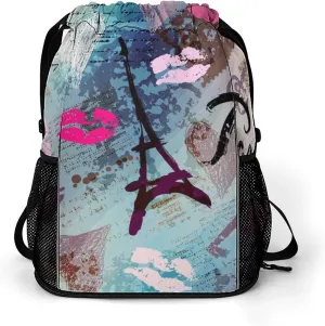 Paris Eiffel Tower Lips Drawstring Backpack Retro Scrapbook Wear-resistant Sports Belt Pocket Gym Bags for Women Men