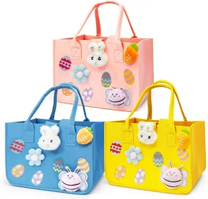 PARSUP 3PCS Easter Egg Hunt Bags Happy Easter Bunny Gift Bags with Handles, Easter Treat Bags, Felt Easter Bags for Gifts Wrapping, Egg Hunt Game, Easter Party Supplies, 12" x7.8" x6.8"