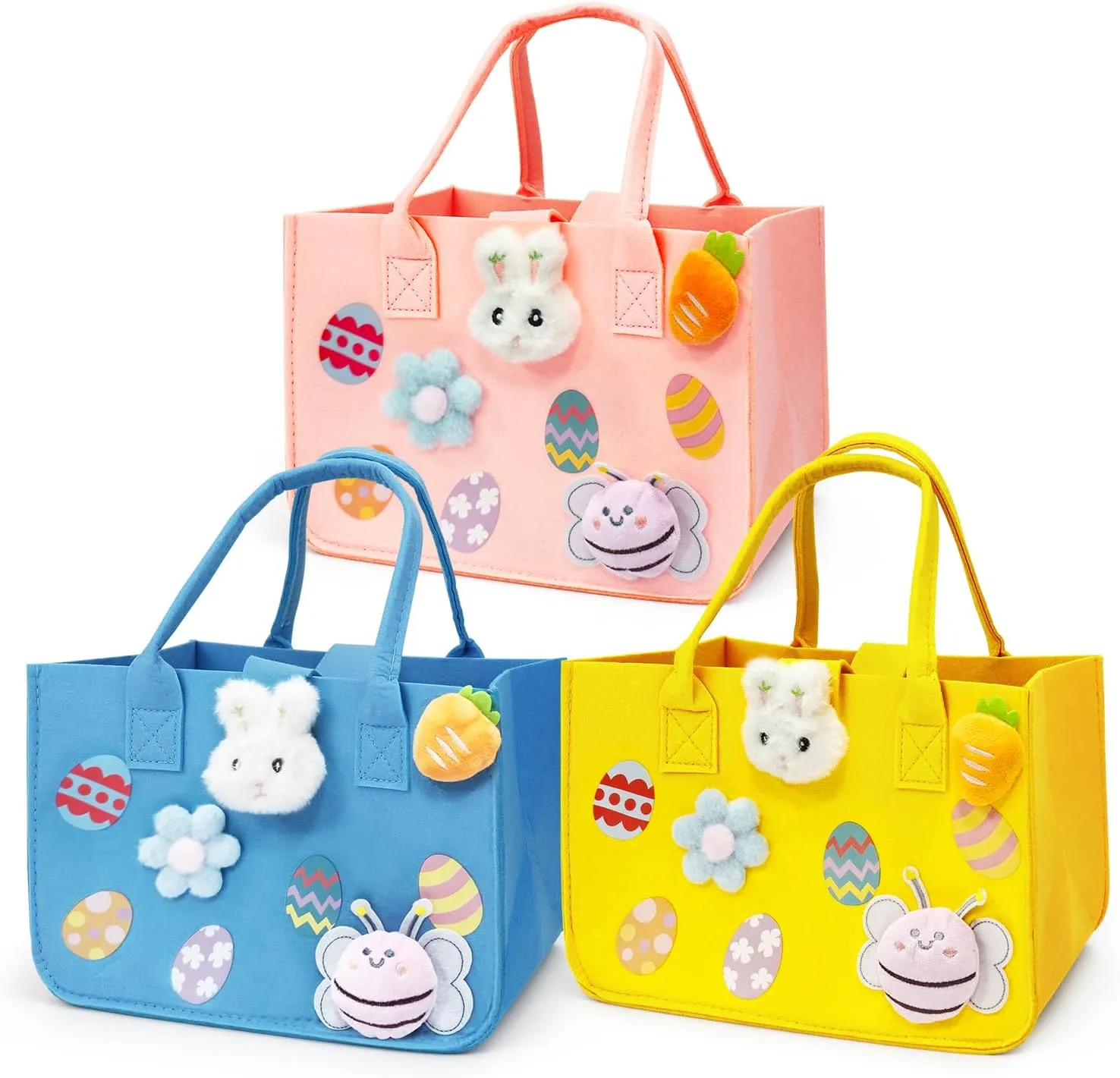 PARSUP 3PCS Easter Egg Hunt Bags Happy Easter Bunny Gift Bags with Handles, Easter Treat Bags, Felt Easter Bags for Gifts Wrapping, Egg Hunt Game, Easter Party Supplies, 12" x7.8" x6.8"