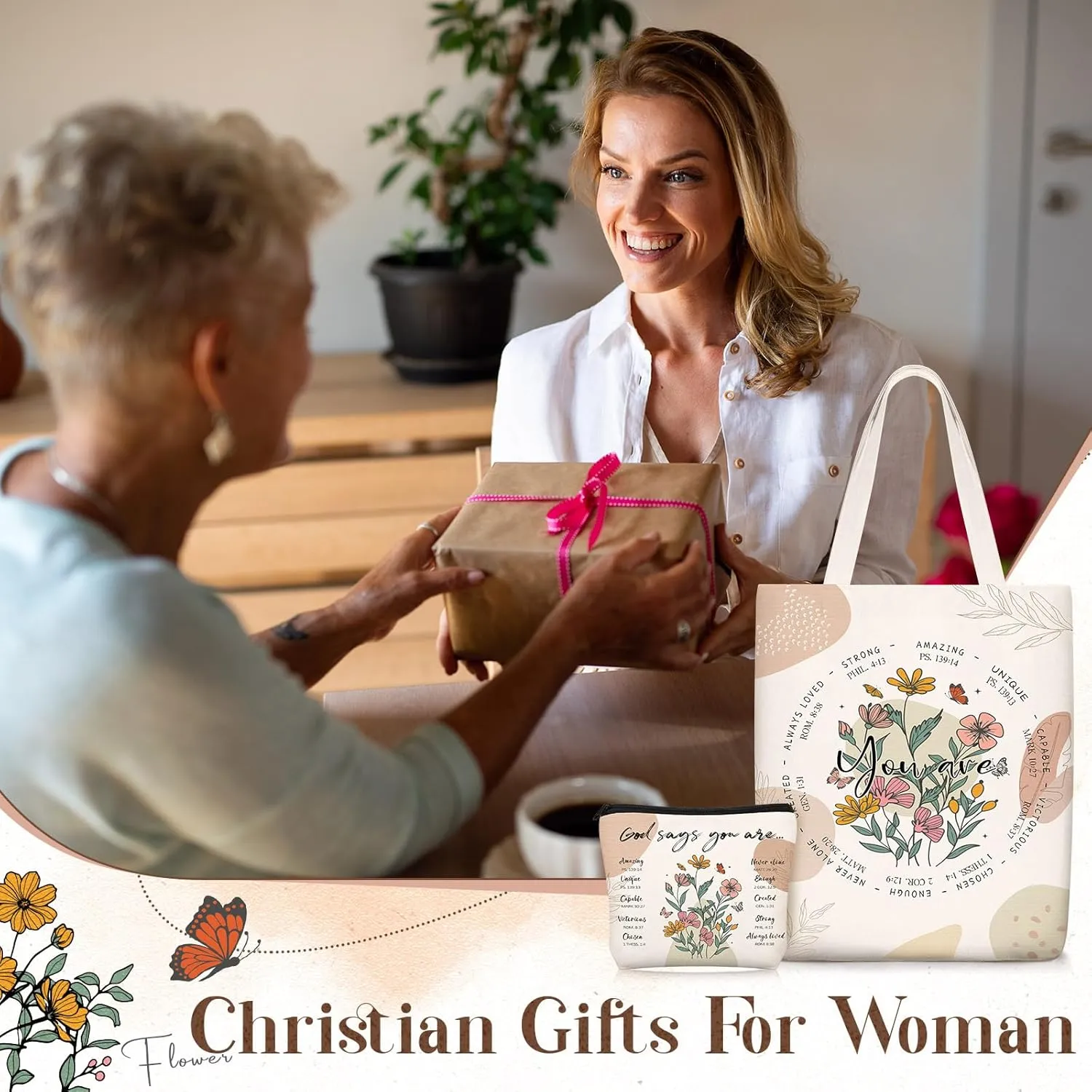 Paterr Christian Bag Women Bible Tote with Makeup Bag Church Religious Gift with Zipper Christmas(Light Brown,Boho)
