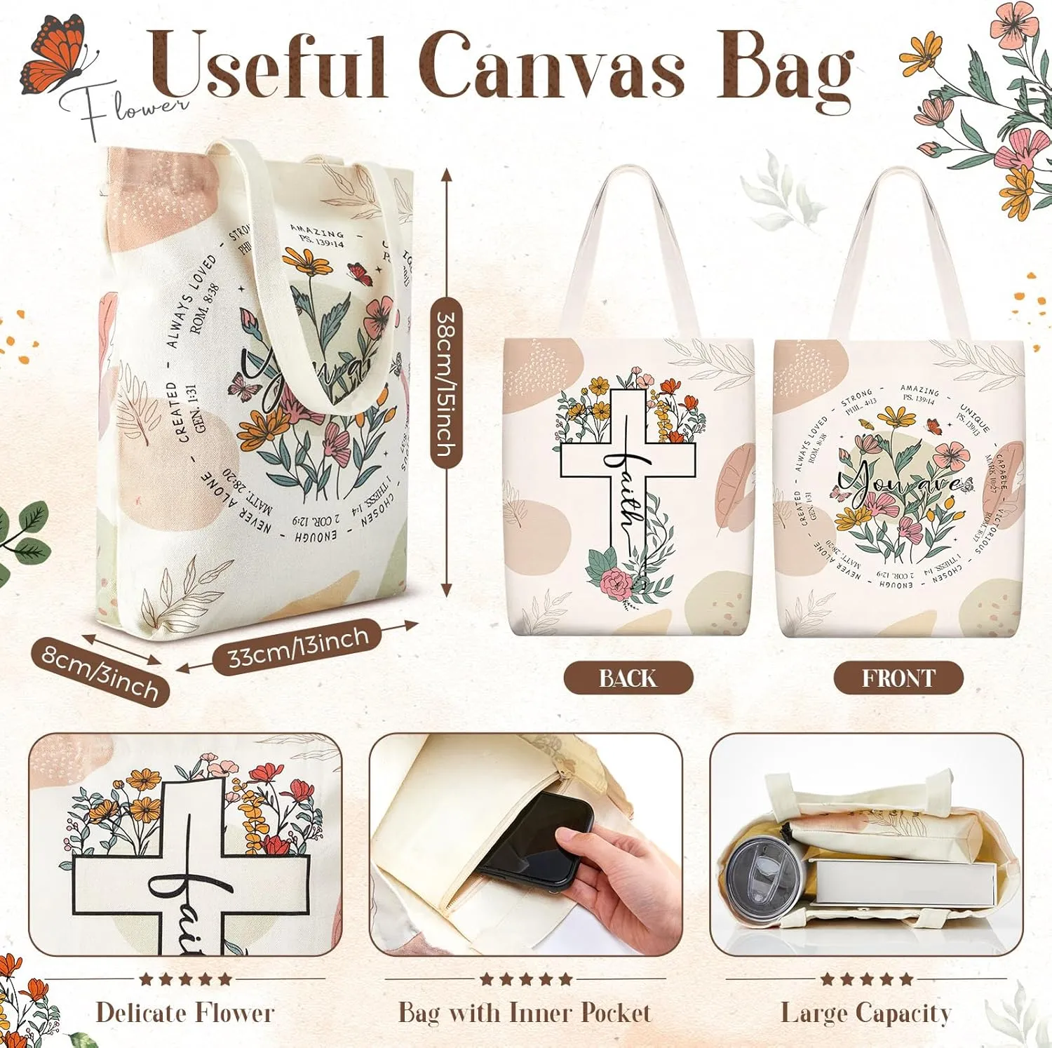 Paterr Christian Bag Women Bible Tote with Makeup Bag Church Religious Gift with Zipper Christmas(Light Brown,Boho)