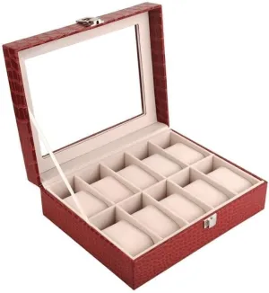 Pattern 10-Slot PU Leather Watch Box with Transparent Lid, Jewelry Storage Box with Removable Padding and Hardware Lock
