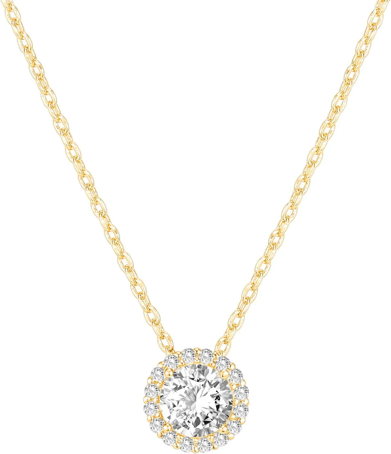 PAVOI 14K Gold Plated Post Faux Diamond Round Solitaire Pendant Halo Necklace | Gold Necklace for Women | Slider Adjustable