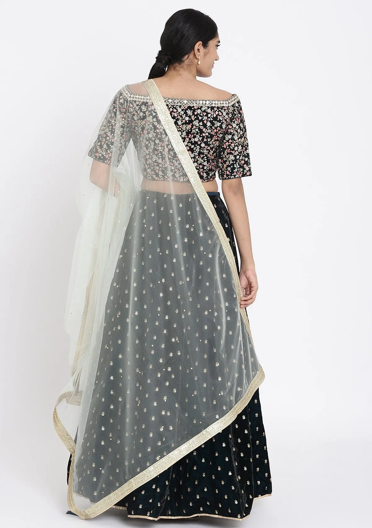 Peacock Blue Sequins Velvet Readymade Lehenga