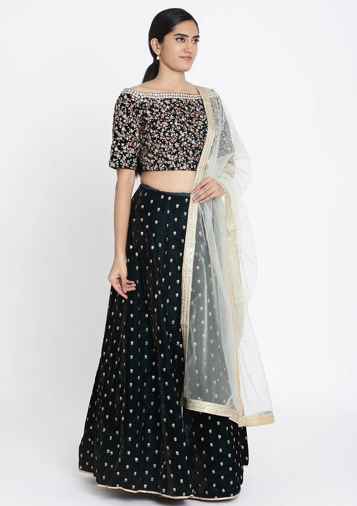 Peacock Blue Sequins Velvet Readymade Lehenga