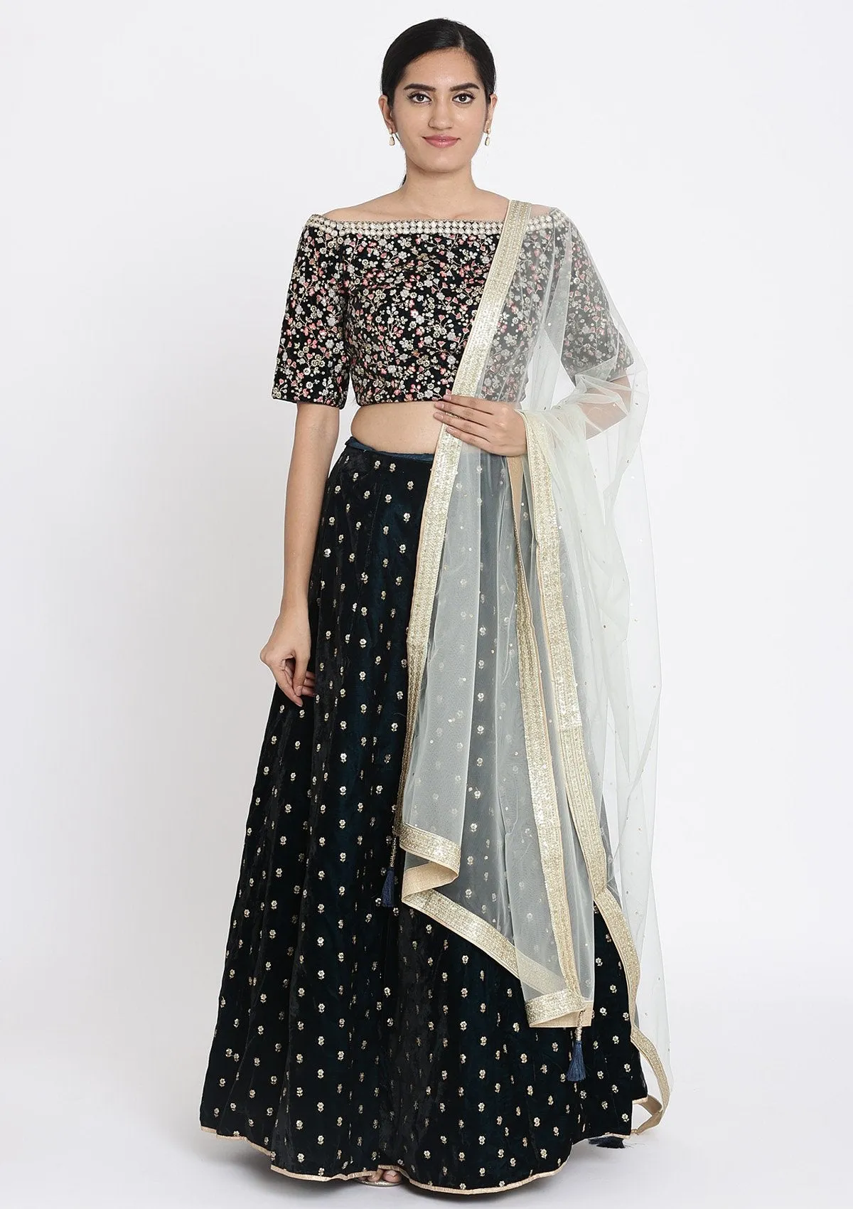 Peacock Blue Sequins Velvet Readymade Lehenga