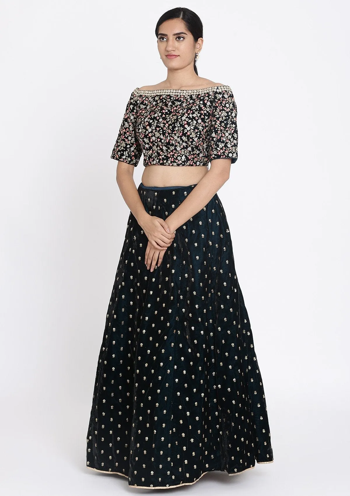 Peacock Blue Sequins Velvet Readymade Lehenga