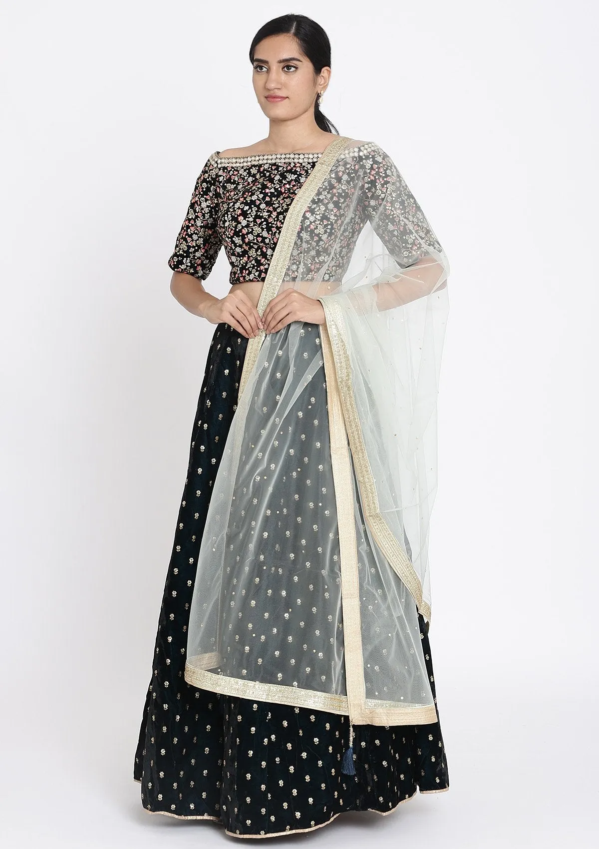 Peacock Blue Sequins Velvet Readymade Lehenga
