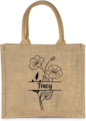 Personalized Birth Flower Tote Bags Reusable Bags Custom Name for Wedding Travel Beach Gifts for Mom Bridesmaids