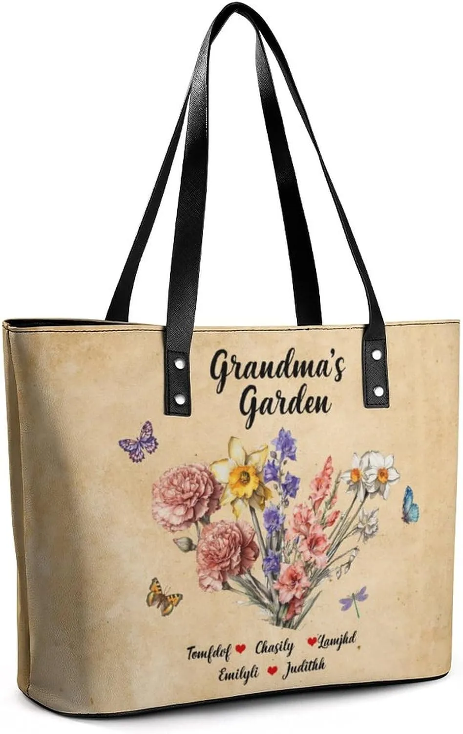 Personalized Custom Leather Tote Bag Handbags with Birth Month Flowers Name,Mothers Day Gift for Mom Grandma