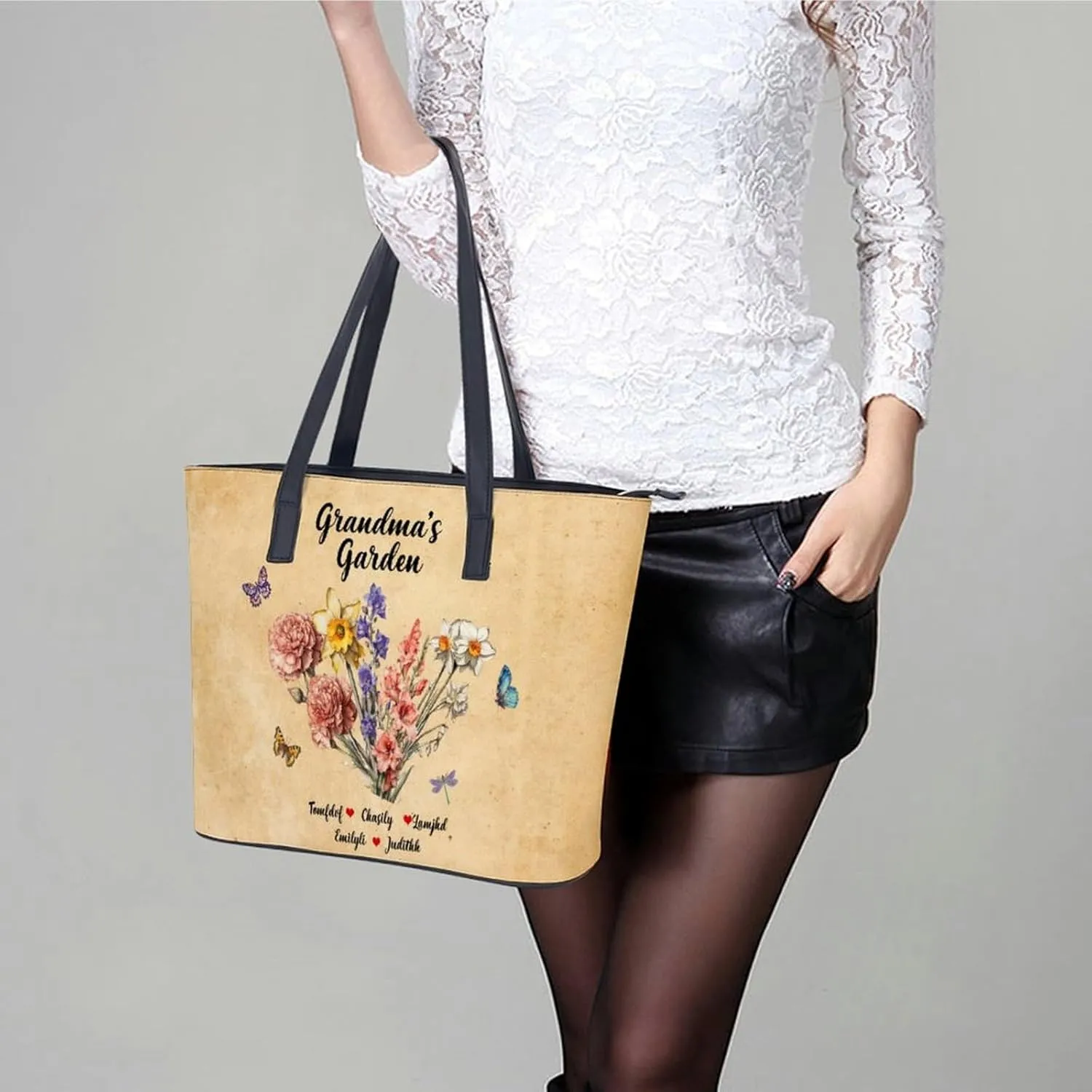 Personalized Custom Leather Tote Bag Handbags with Birth Month Flowers Name,Mothers Day Gift for Mom Grandma