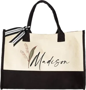 Personalized Floral Canvas Toge Bag - Custom Tote Bag with Birth Flower and Name