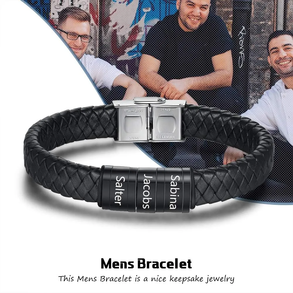Personalized Men Black Braid 1-6 Names Bracelet Custom Made with Charm Beads Family Names Engraved Name ID Bracelet Jewelry Gift for Dad Boyfriend Birthday Gift for Father's Day