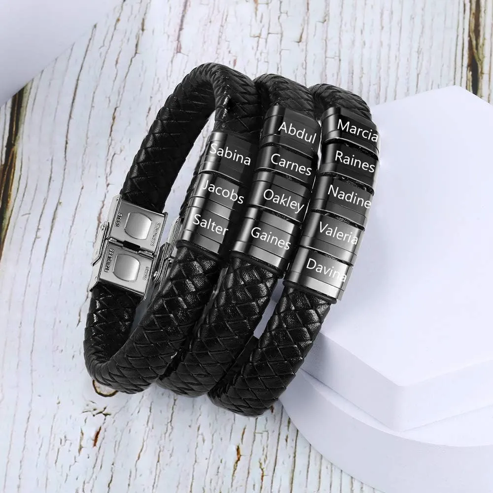 Personalized Men Black Braid 1-6 Names Bracelet Custom Made with Charm Beads Family Names Engraved Name ID Bracelet Jewelry Gift for Dad Boyfriend Birthday Gift for Father's Day