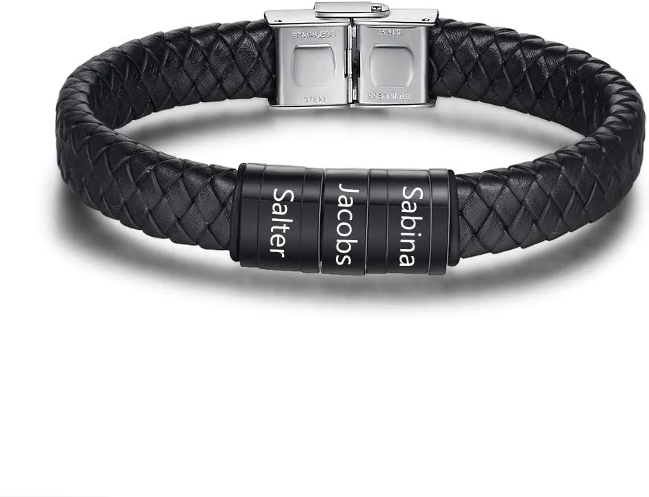 Personalized Men Black Braid 1-6 Names Bracelet Custom Made with Charm Beads Family Names Engraved Name ID Bracelet Jewelry Gift for Dad Boyfriend Birthday Gift for Father's Day
