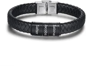 Personalized Men Black Braid 1-6 Names Bracelet Custom Made with Charm Beads Family Names Engraved Name ID Bracelet Jewelry Gift for Dad Boyfriend Birthday Gift for Father's Day
