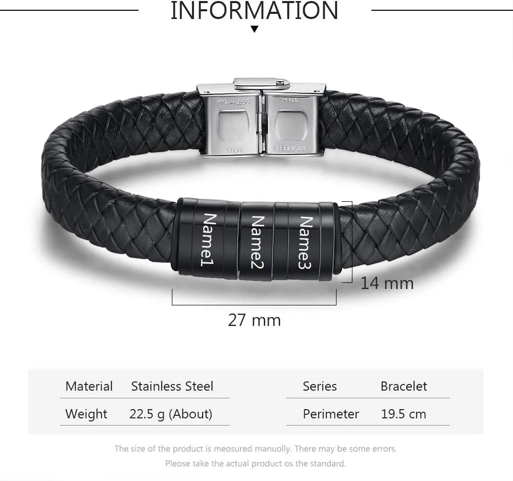 Personalized Men Black Braid 1-6 Names Bracelet Custom Made with Charm Beads Family Names Engraved Name ID Bracelet Jewelry Gift for Dad Boyfriend Birthday Gift for Father's Day