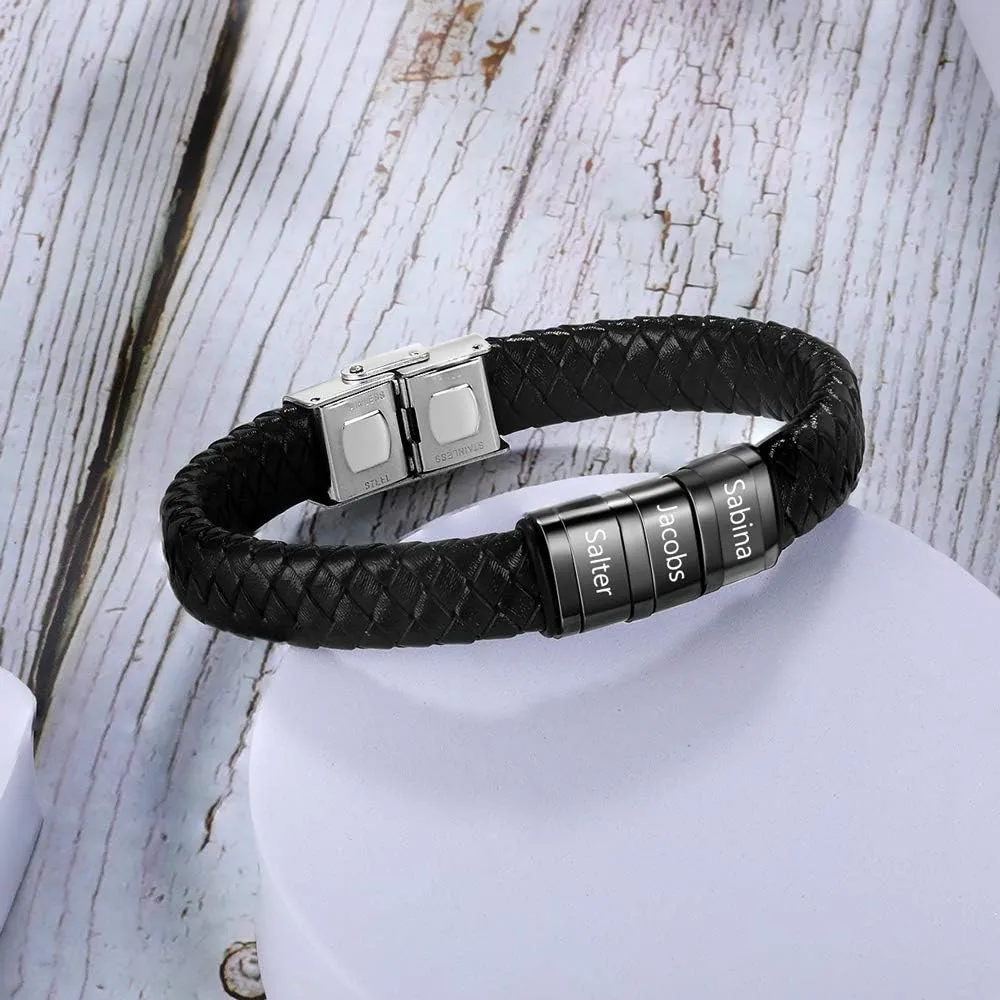 Personalized Men Black Braid 1-6 Names Bracelet Custom Made with Charm Beads Family Names Engraved Name ID Bracelet Jewelry Gift for Dad Boyfriend Birthday Gift for Father's Day