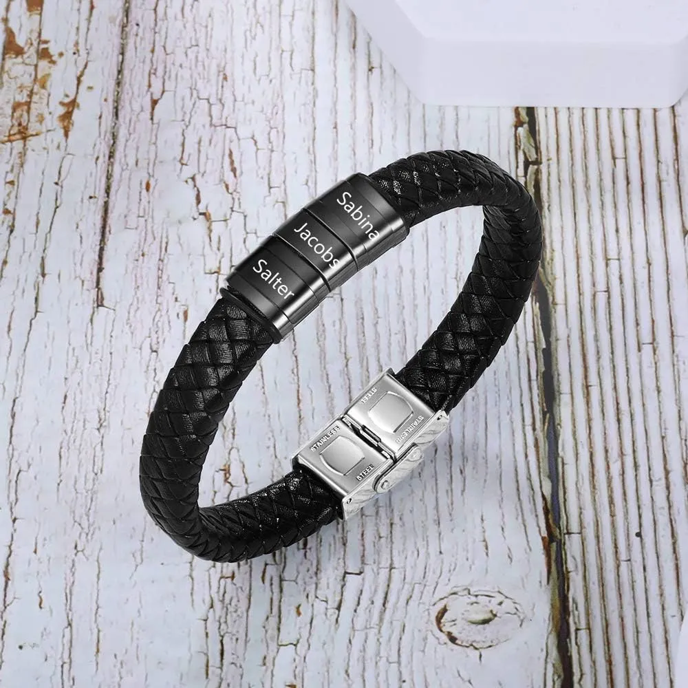 Personalized Men Black Braid 1-6 Names Bracelet Custom Made with Charm Beads Family Names Engraved Name ID Bracelet Jewelry Gift for Dad Boyfriend Birthday Gift for Father's Day