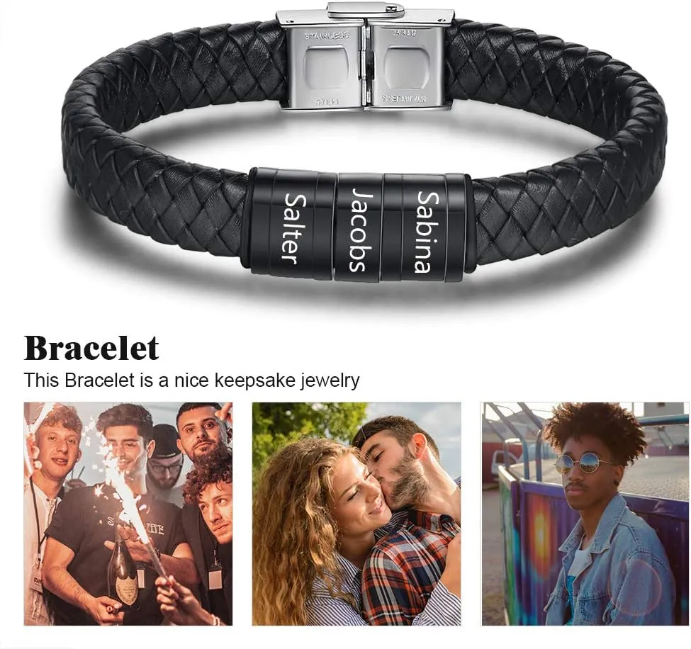 Personalized Men Black Braid 1-6 Names Bracelet Custom Made with Charm Beads Family Names Engraved Name ID Bracelet Jewelry Gift for Dad Boyfriend Birthday Gift for Father's Day