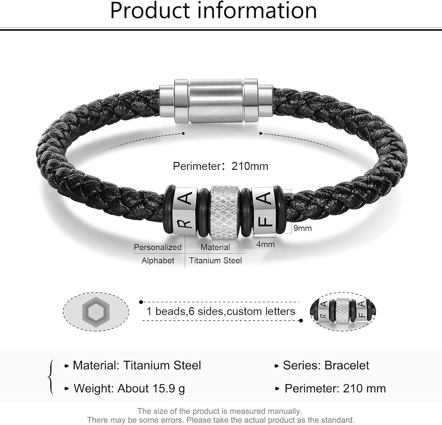 Personalized Mens Black Braid 2/4/6 Letters Names Bracelet Custom Made with Charm Beads Family Inspirational Jewelry Gift for Dad Boyfriend