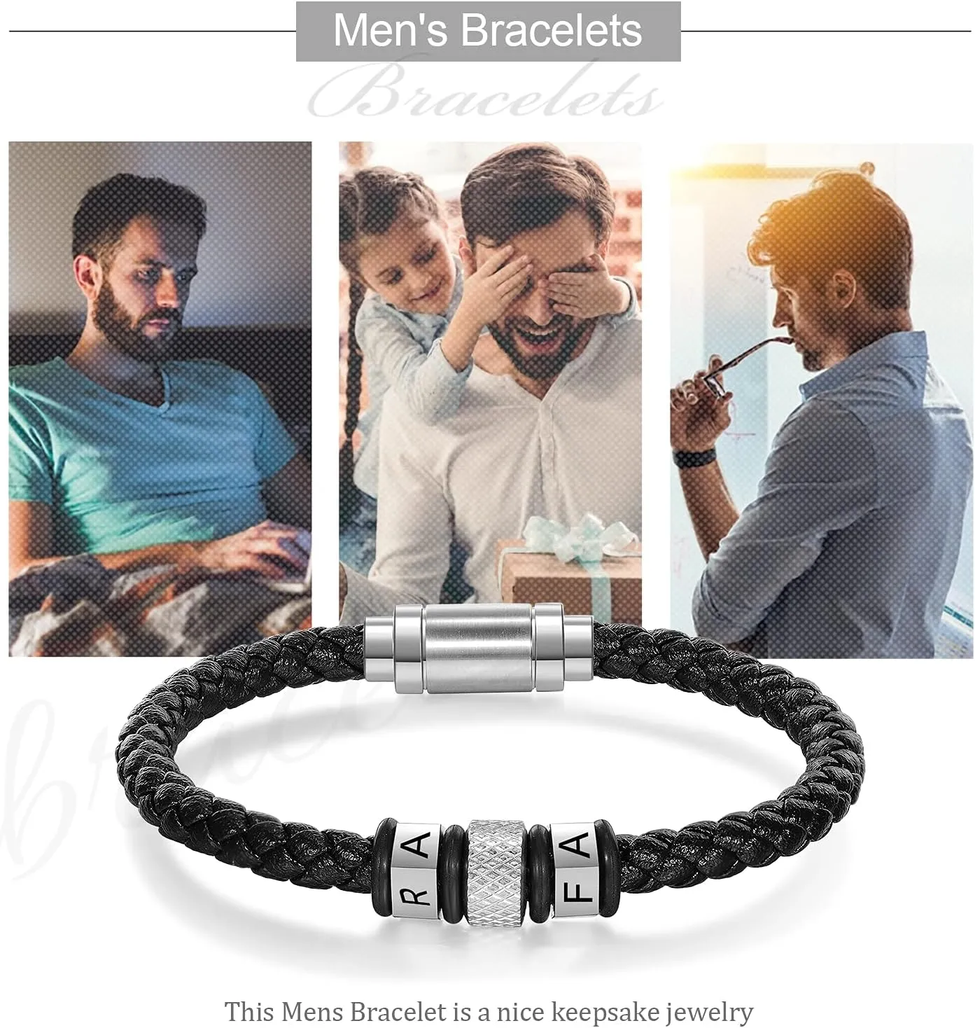 Personalized Mens Black Braid 2/4/6 Letters Names Bracelet Custom Made with Charm Beads Family Inspirational Jewelry Gift for Dad Boyfriend