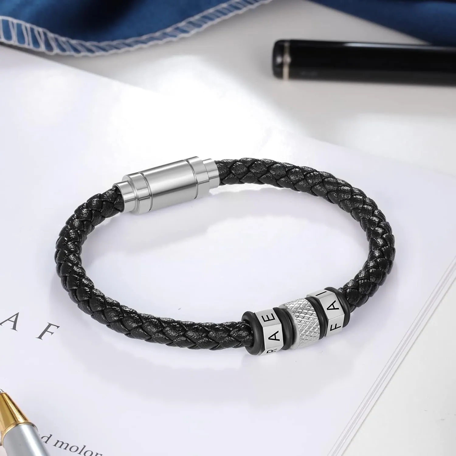 Personalized Mens Black Braid 2/4/6 Letters Names Bracelet Custom Made with Charm Beads Family Inspirational Jewelry Gift for Dad Boyfriend