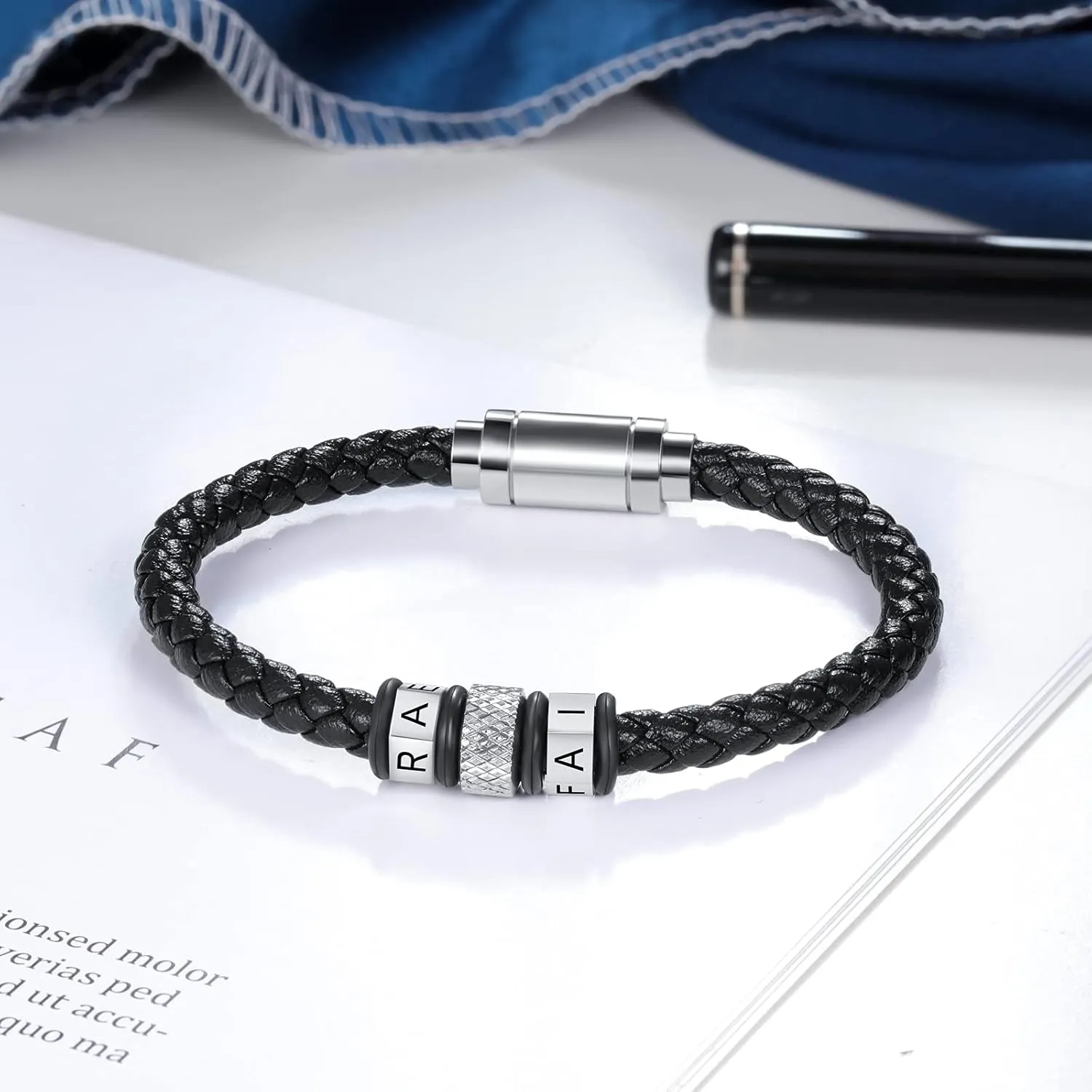Personalized Mens Black Braid 2/4/6 Letters Names Bracelet Custom Made with Charm Beads Family Inspirational Jewelry Gift for Dad Boyfriend