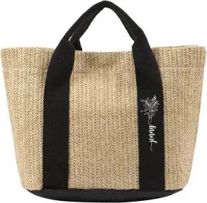 Personalized Straw Beach Tote Bag, Large Monogram Design with Flowers, Women Mother’s Day Gift