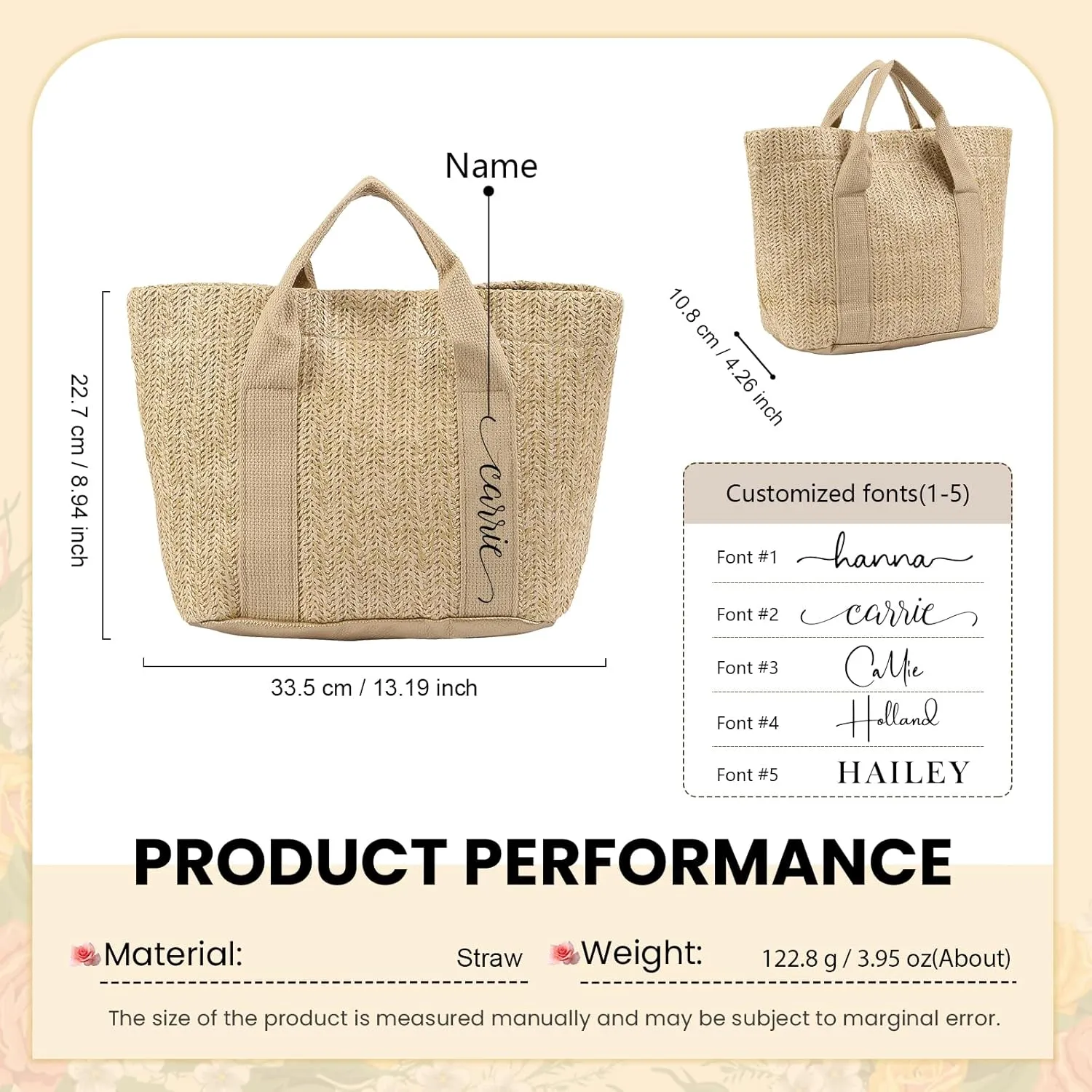 Personalized Tote Bag with Name – Custom Straw Bag for Women – Reusable Shopping Bag, Bridesmaid Gifts