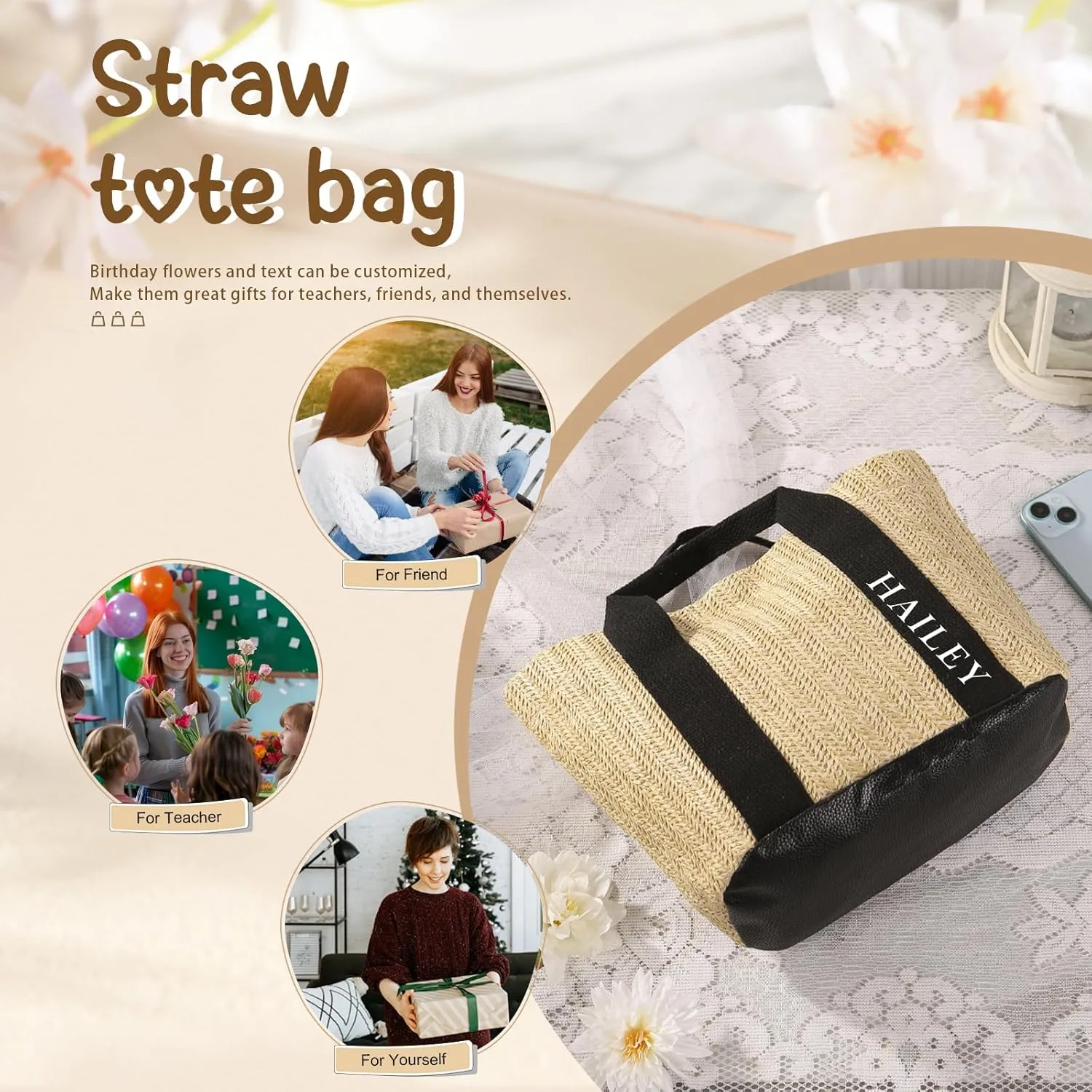 Personalized Tote Bag with Name – Custom Straw Bag for Women – Reusable Shopping Bag, Bridesmaid Gifts