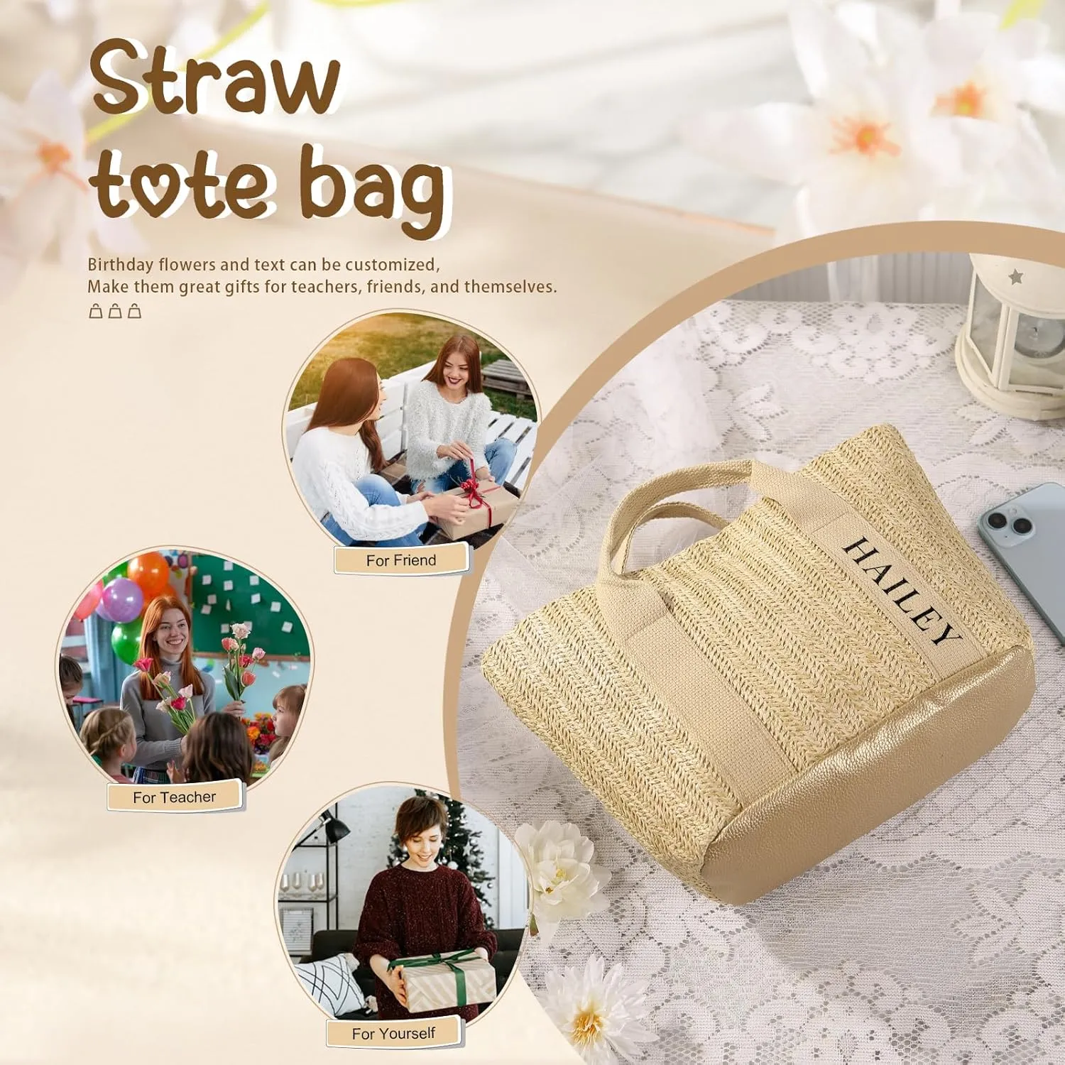Personalized Tote Bag with Name – Custom Straw Bag for Women – Reusable Shopping Bag, Bridesmaid Gifts