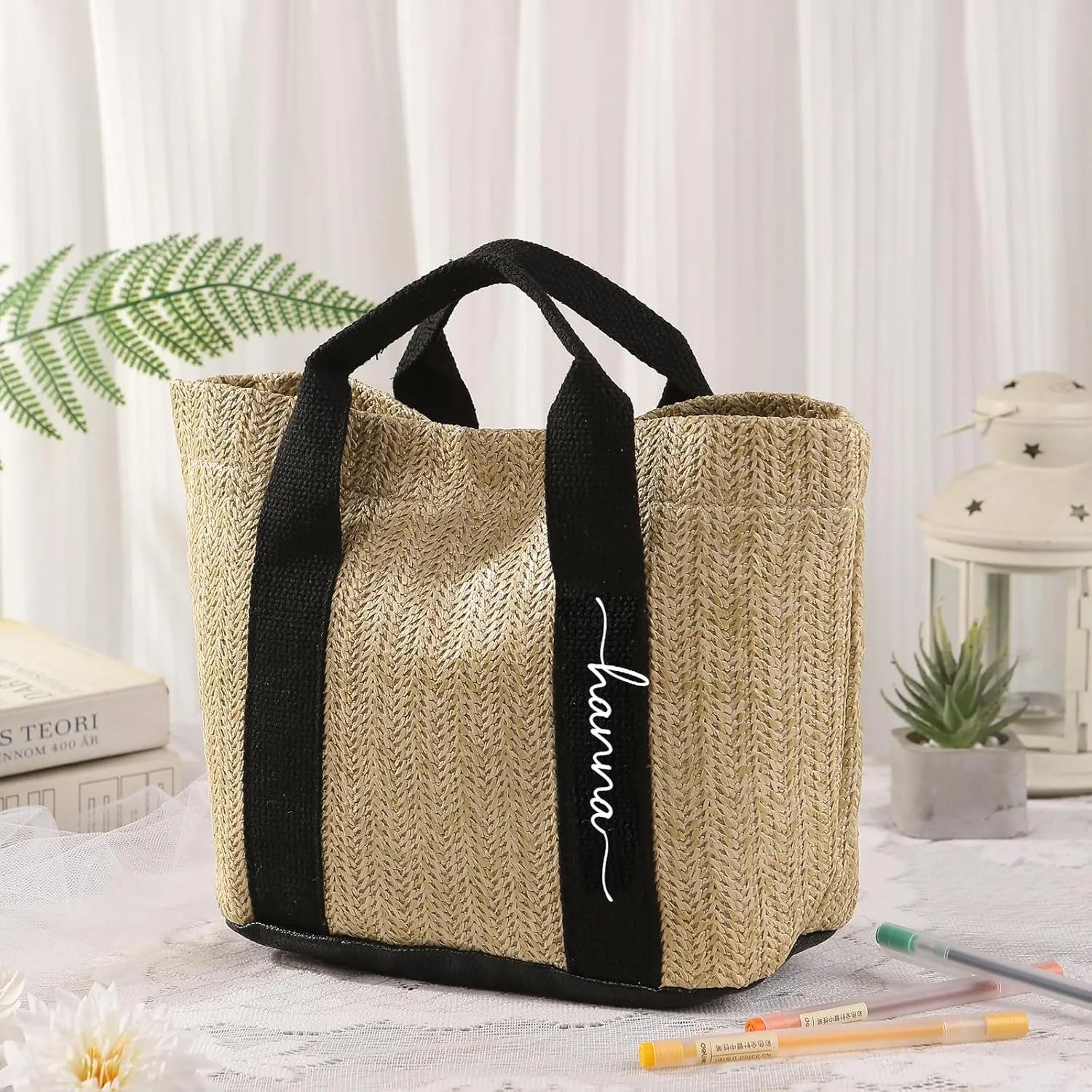 Personalized Tote Bag with Name – Custom Straw Bag for Women – Reusable Shopping Bag, Bridesmaid Gifts