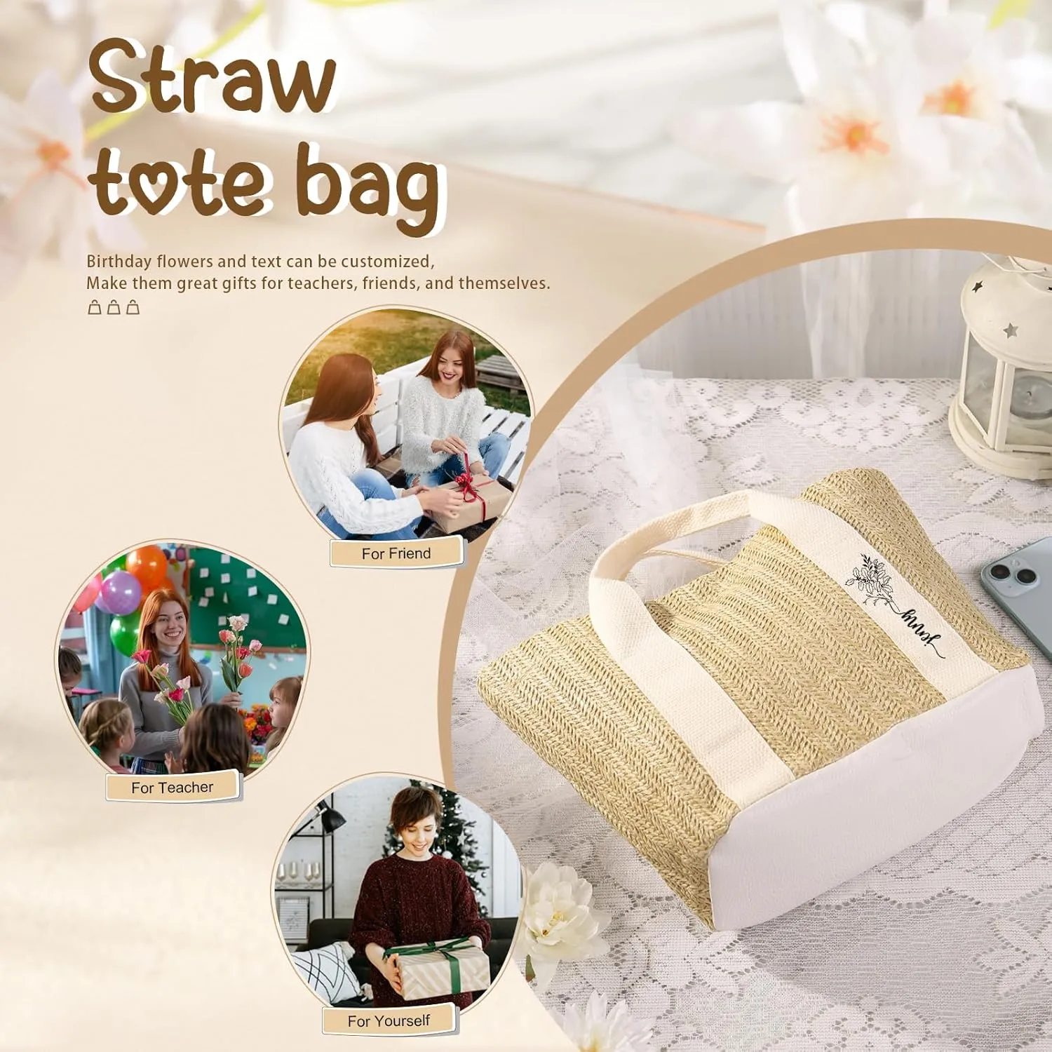 Personalized Tote Bag with Name – Custom Straw Bag for Women – Reusable Shopping Bag, Bridesmaid Gifts