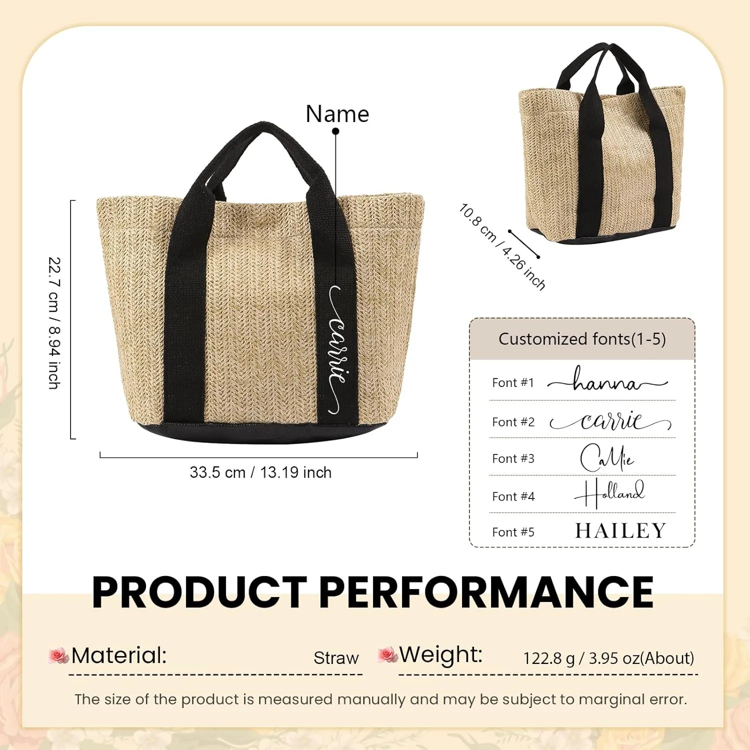 Personalized Tote Bag with Name – Custom Straw Bag for Women – Reusable Shopping Bag, Bridesmaid Gifts