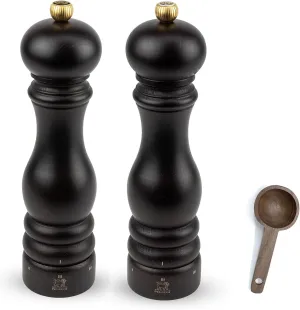 Peugeot Paris u'Select 6 Setting Manual beechwood Salt & Pepper Mill Set With Wooden Spice Scoop Made In France (Chocolate, 9- Inch)