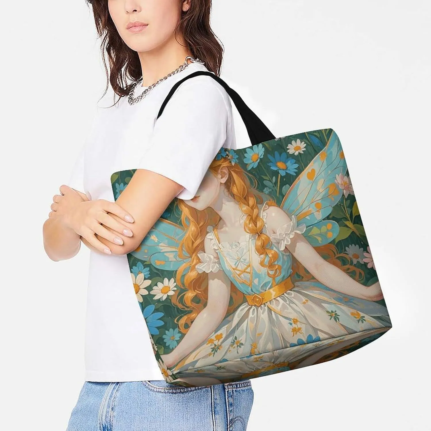 Pfhorn Flower Fairy Tote Bag for Women Reusable Grocery Shoulder Bag Shopping Bags for Travel, Groceries