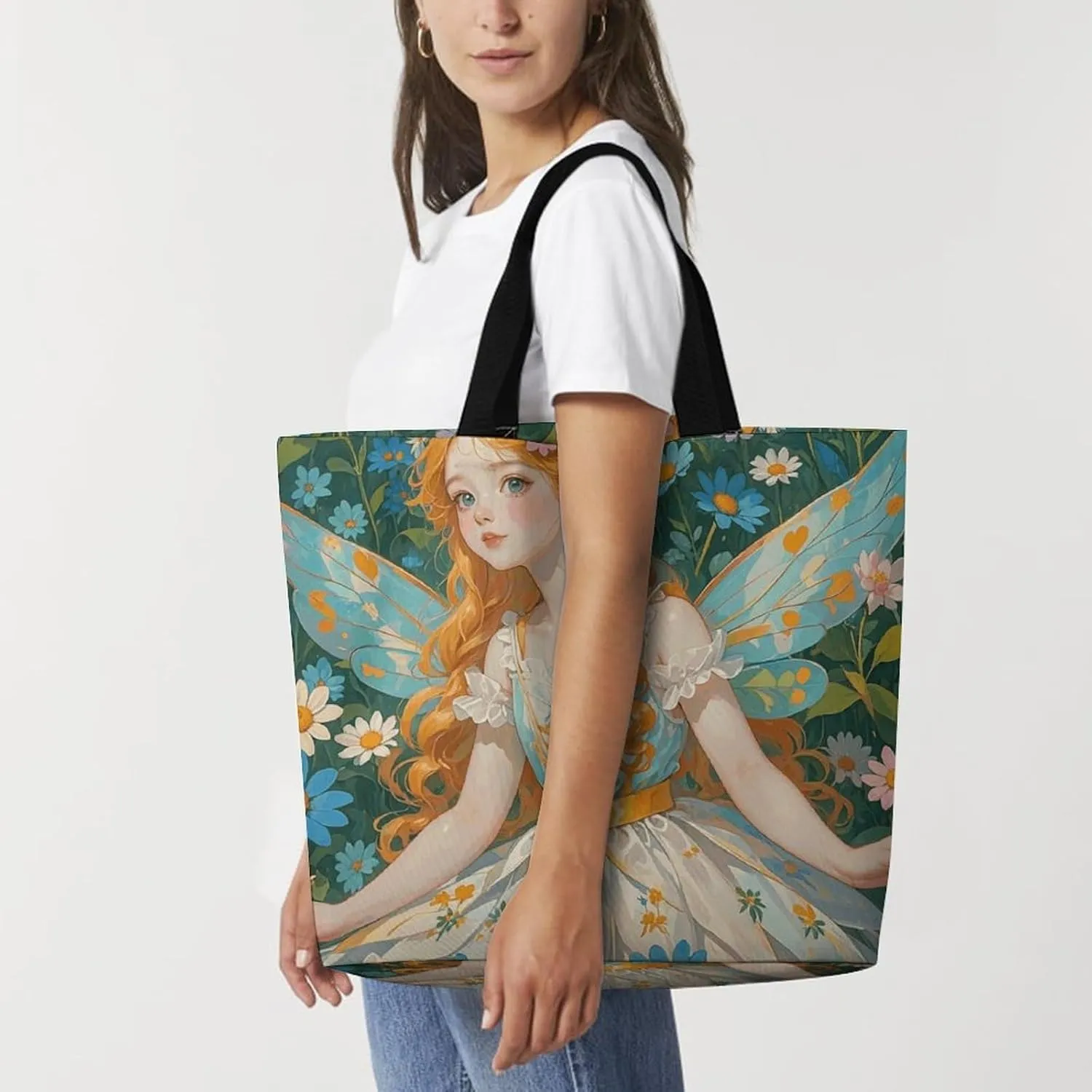 Pfhorn Flower Fairy Tote Bag for Women Reusable Grocery Shoulder Bag Shopping Bags for Travel, Groceries