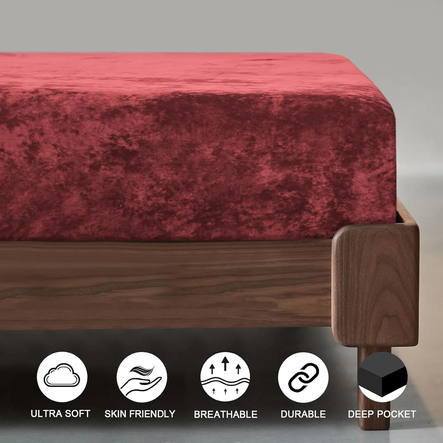 PHF Truly Velvet Fitted Sheet Only Queen Size, Christmas Luxury Super Soft Cozy Comfy Fleece Bottom with 15" Deep Pocket, Suitable for Fall Winter and Spring, No Pillowcases,Wine Red