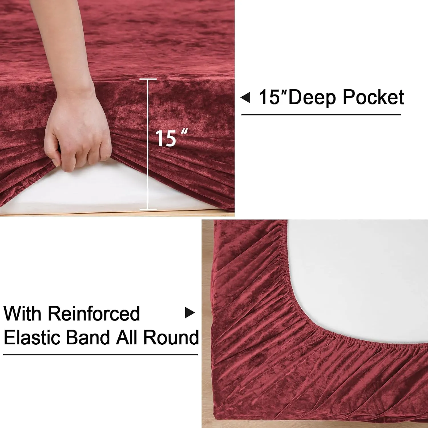 PHF Truly Velvet Fitted Sheet Only Queen Size, Christmas Luxury Super Soft Cozy Comfy Fleece Bottom with 15" Deep Pocket, Suitable for Fall Winter and Spring, No Pillowcases,Wine Red