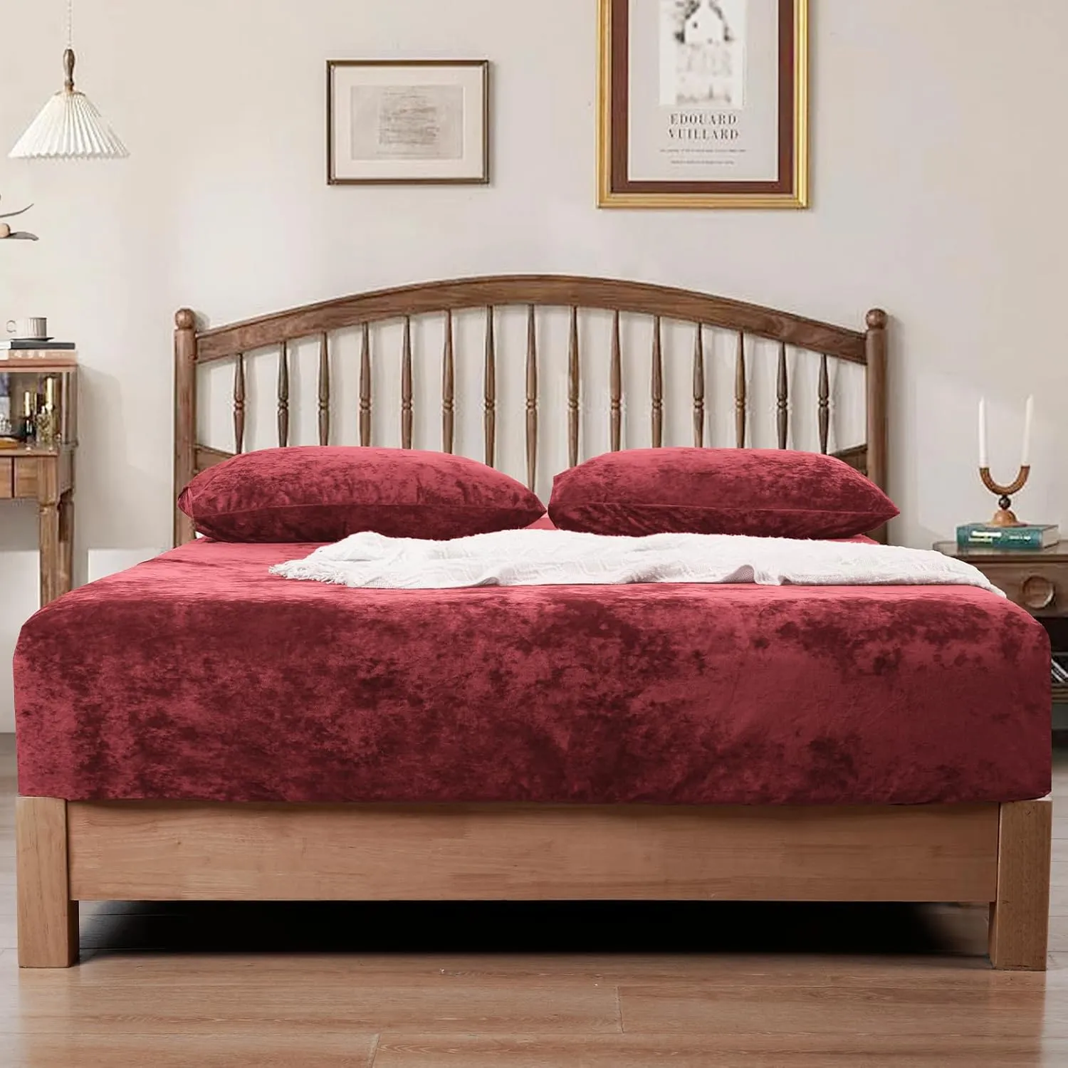PHF Truly Velvet Fitted Sheet Only Queen Size, Christmas Luxury Super Soft Cozy Comfy Fleece Bottom with 15" Deep Pocket, Suitable for Fall Winter and Spring, No Pillowcases,Wine Red